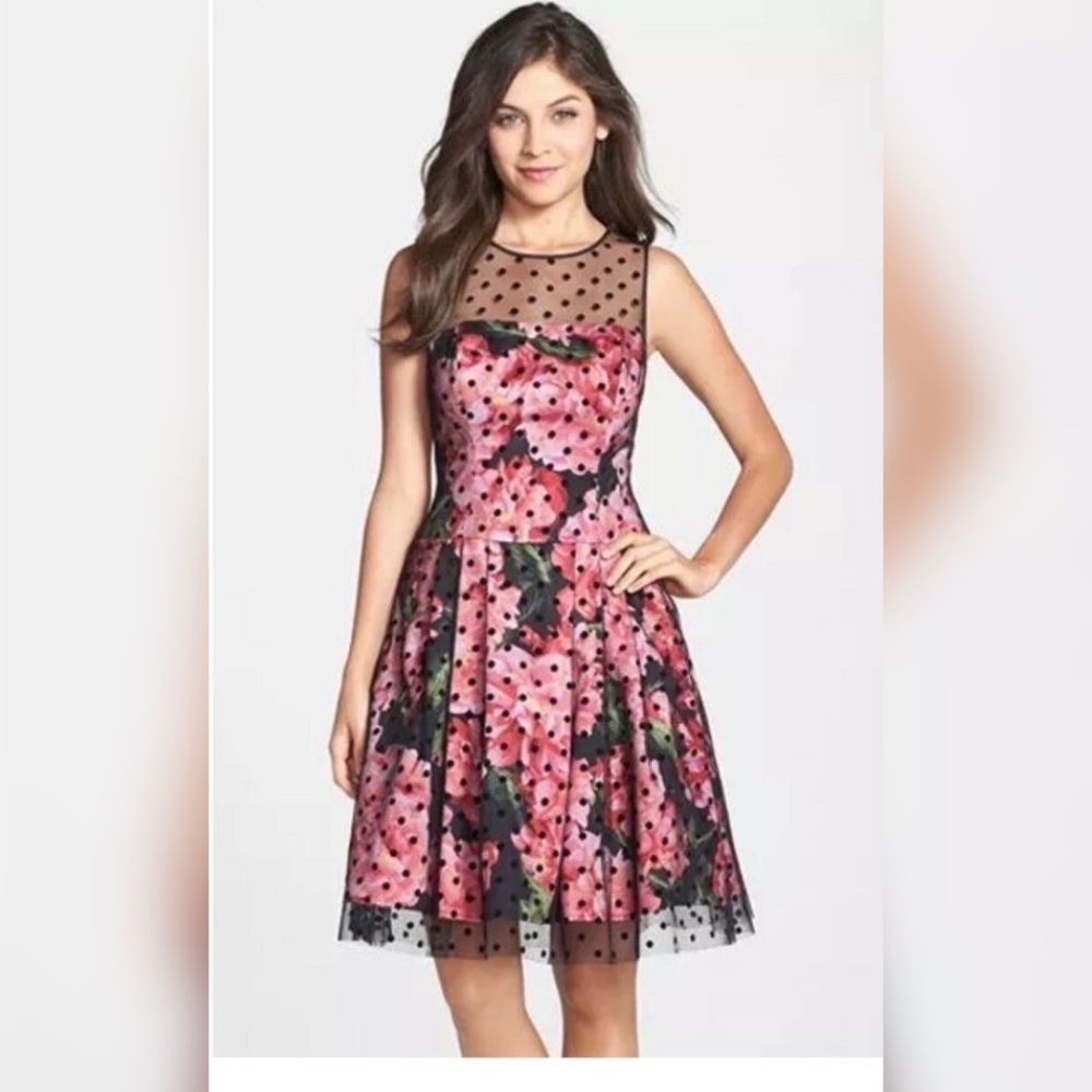 Eliza J Polka Mesh Overlay Fit & Flare Dress -NWOT